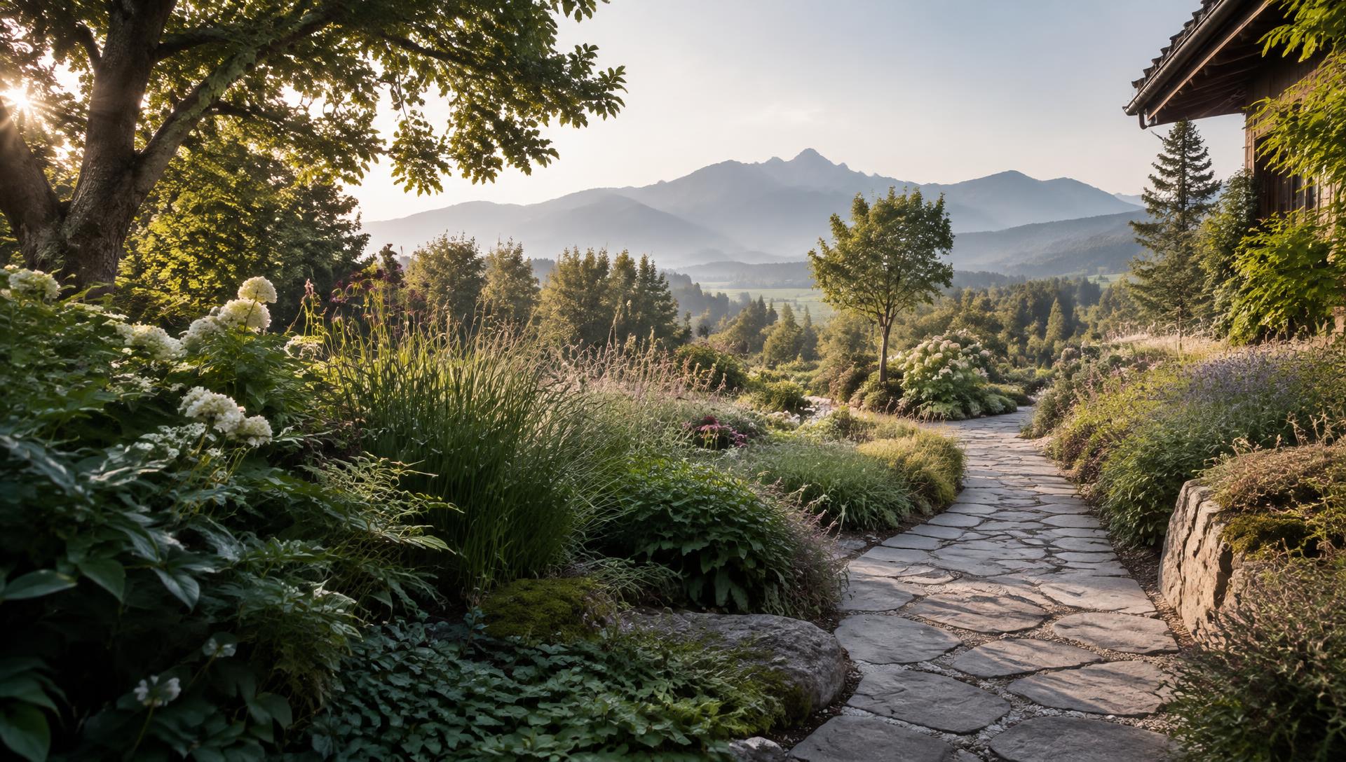 Natursteinweg durch einen reifen Garten mit Blick auf die oberbayerischen Berge